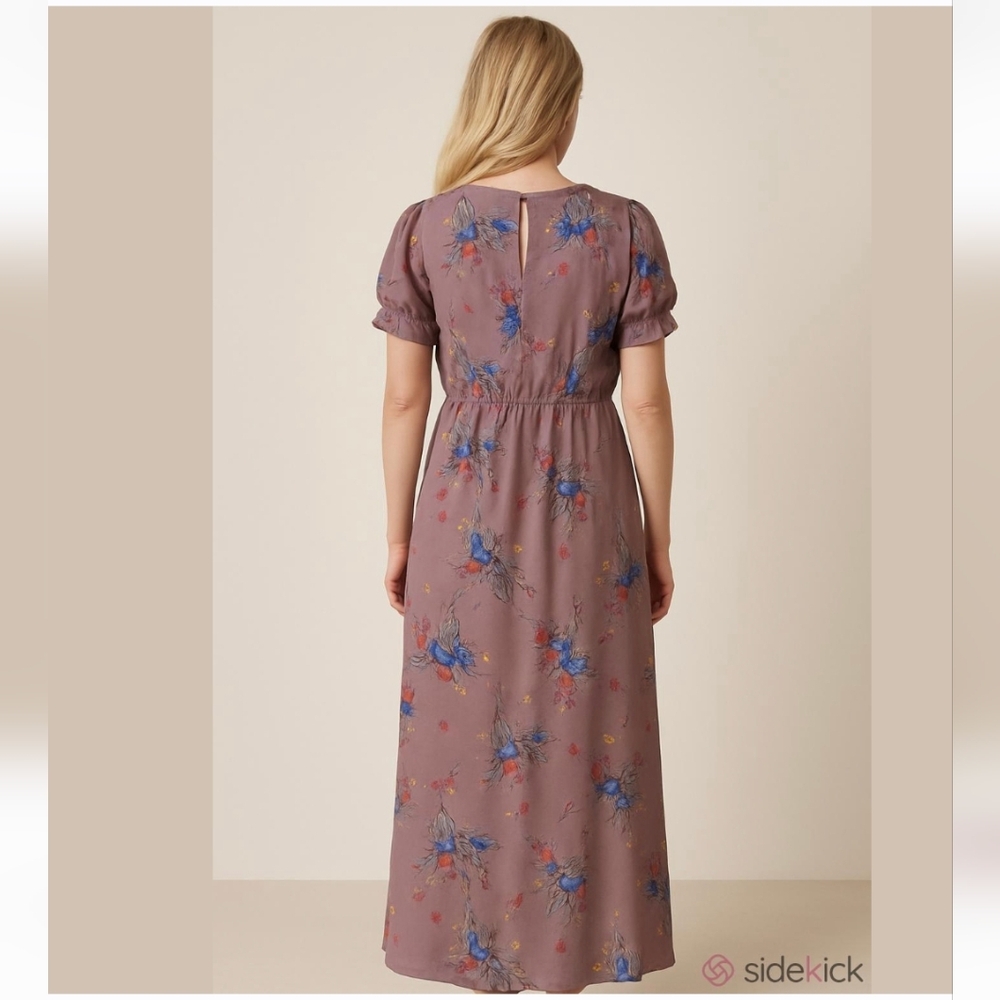 Promesa S Floral Puff Sleeve Maxi Dress Sweetheart Neckline & Front Slit Small - Picture 2 of 5